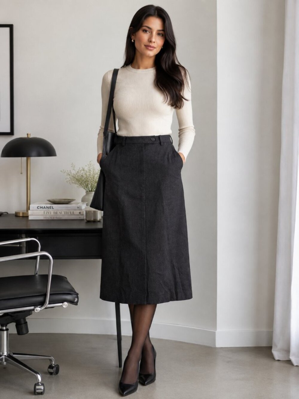 Vintage Designer 100% Wool A-Line Midi Skirt Dark Gray Classic Academia